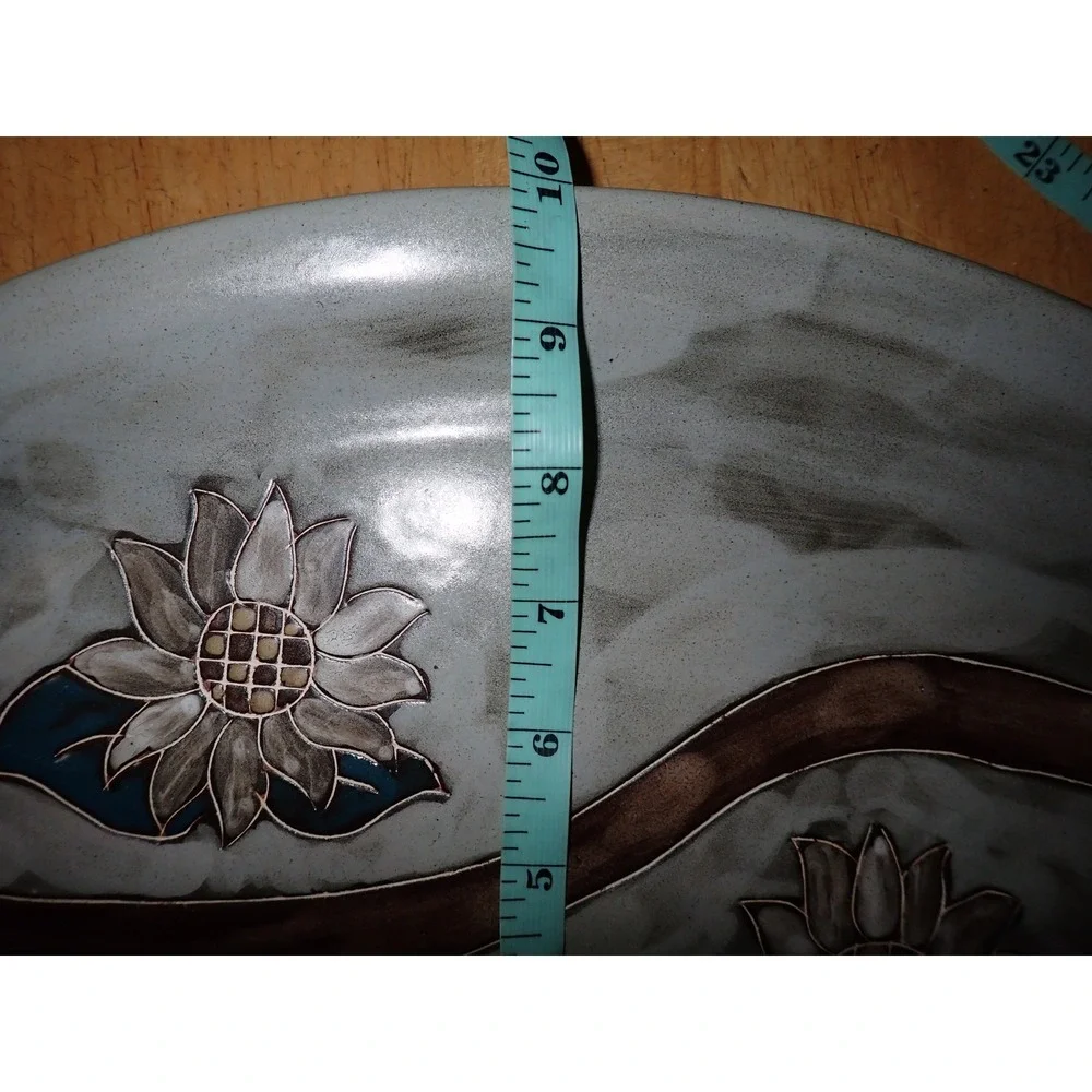 Mara Mexico Ceramic Sunflower Oval Serving Platter Handcrafted Gray 14in